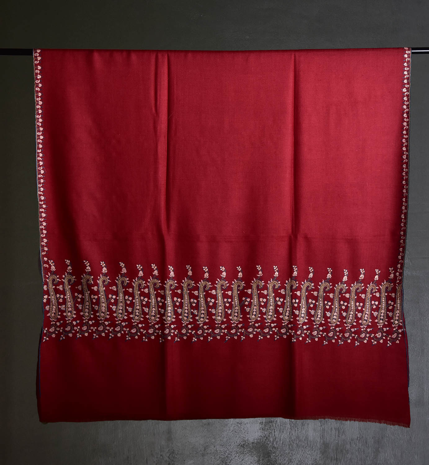 Maroon Pashmina Shawl with Contrasting Paisley Embroidery - Image 2