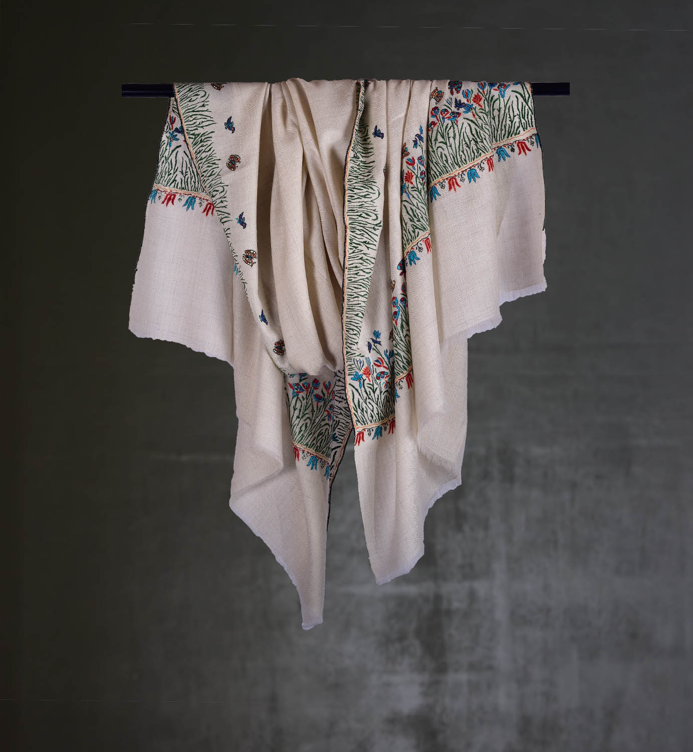 Verdant Bloom — White Pashmina Shawl with Forest Green Tulip Embroidery