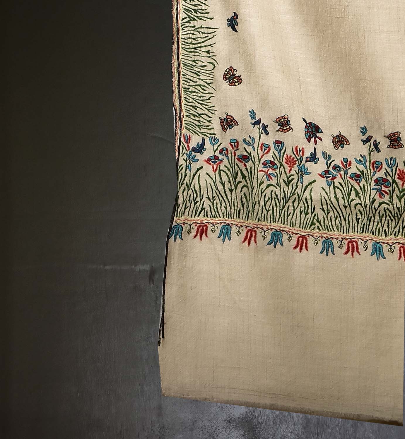 Verdant Bloom — White Pashmina Shawl with Forest Green Tulip Embroidery - Image 4