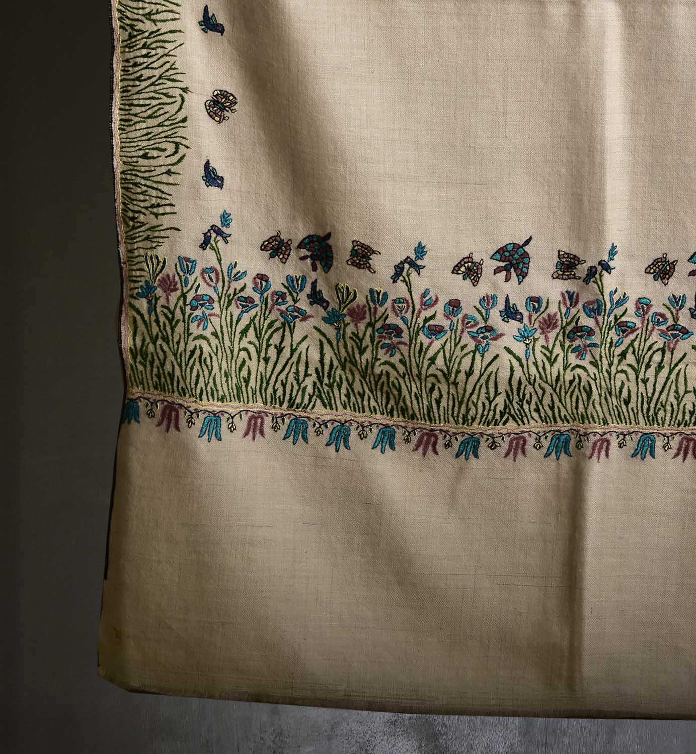 Verdant Bloom — White Pashmina Shawl with Forest Green Tulip Embroidery - Image 3